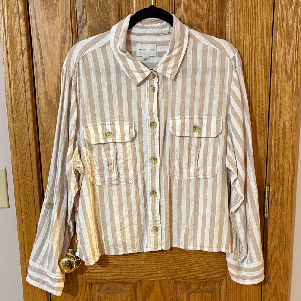 American Eagle Outfitters Beige & White Striped Button-Up Shirt